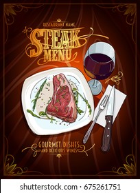Steak menu poster vector design, hand drawn graphic illustration with steak and glass of wine, vintage style