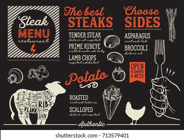 Steak menu for restaurant and cafe. Design template with food hand-drawn graphic illustrations.