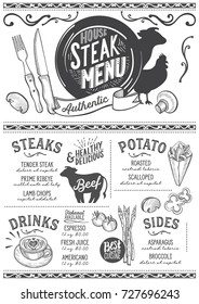 Steak menu for restaurant and cafe. Design template with food hand-drawn graphic illustrations.