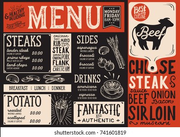 Steak menu for restaurant and cafe. Design template with food hand-drawn graphic illustrations.