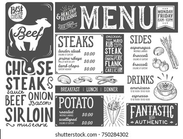 Steak menu for restaurant and cafe. Design template with food hand-drawn graphic illustrations.