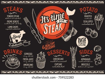 Steak menu for restaurant and cafe. Design template with food hand-drawn graphic illustrations.