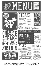 Steak menu for restaurant and cafe. Design template with food hand-drawn graphic illustrations.