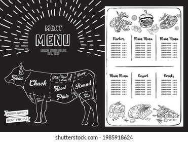 Steak Menu, Restaurant Template On Chalkboard. Blackboard Poster. Vintage Grill Menu Design. Grill Poster With Doodle Background. Steak Flyer. Vector.