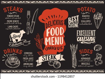 Steak menu template for restaurant on a blackboard background vector illustration brochure for gourmet food and drink cafe. Design layout with vintage chefs hat lettering and hand-drawn graphic.