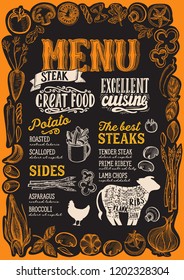 Steak menu template for restaurant on a blackboard background vector illustration brochure for food and drink cafe. Design layout with vintage lettering and frame of hand-drawn vegetables.