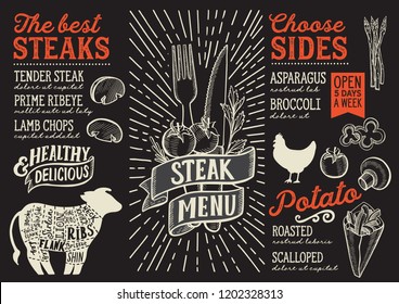 Steak menu template for restaurant on a blackboard background vector illustration brochure for food and drink cafe. Design layout with vintage lettering and doodle hand-drawn graphic icons.