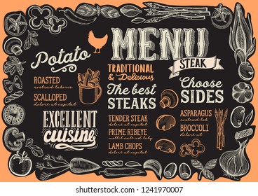Steak menu template for restaurant on a blackboard background vector illustration brochure for food and drink cafe. Layout with vintage lettering and frame of hand-drawn graphic vegetables.