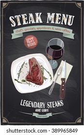 Steak Menu Vector Chalkboard Design With Hand Drawn Illustration Of A Fillet Mignon Steak On A Plate With Glass Of Wine And Cutlery