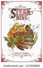 Steak menu vector design template with hand drawn sketch style illustration of a beef steak with fried potato, tomatoes and greens