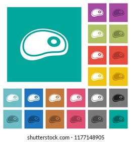 Steak multi colored flat icons on plain square backgrounds. Included white and darker icon variations for hover or active effects.