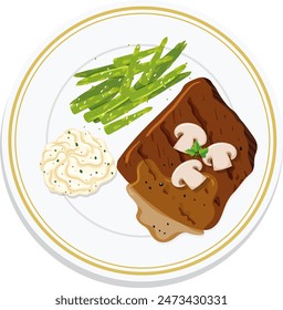 Steak with mushrooms, asparagus, and mashed potatoes