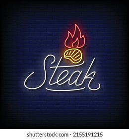 Steak Neon Sign On Brick Wall Background Vector
