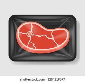 Steak on the bone in plastic tray container with cellophane cover. Mockup template for your design. Plastic food container. Vector illustration.