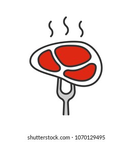 Steak on carving fork color icon. Isolated vector illustration