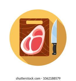 Steak on cutting board with knife flat design long shadow color icon. Beefsteak. Vector silhouette illustration