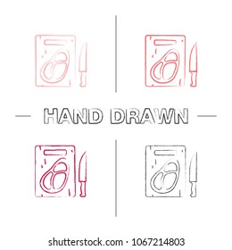 Steak on cutting board with knife hand drawn icons set. Beefsteak. Color brush stroke. Isolated vector sketchy illustrations