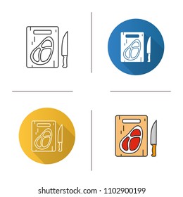 Steak on cutting board with knife icon. Flat design, linear and color styles. Isolated vector illustrations
