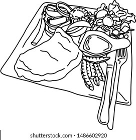 steak on dish with fork and spoon vector illustration sketch doodle hand drawn with black lines isolated on white background