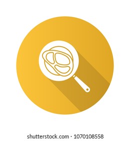 Steak on frying pan flat design long shadow glyph icon. Vector silhouette illustration