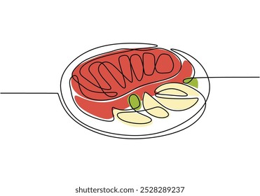Steak on plate continuous line drawing. Food concept. Vector illustration minimalist isolated on white background.
