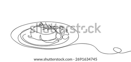 Steak on plate, continuous line on transparent background. One line design vector illustration 