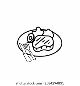 steak on a plate doodle.Steak restaurant badge concept. Modern continuous line graphic draw design