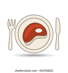 steak on plate with fork and knife, vector illustration