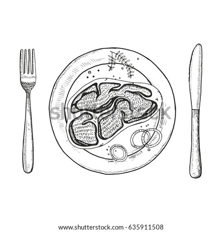 Steak on a plate with a fork and knife. Vector hand drawing