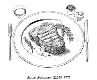 Steak on a plate hand drawn engraving sketch Restaurant business concept Vector illustration.