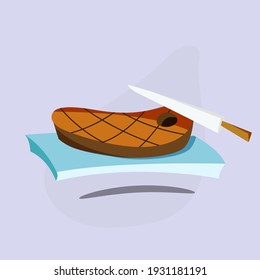 steak on a plate with a knife. Vector illustration