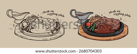 Steak on sizzling plate hand draw illustration