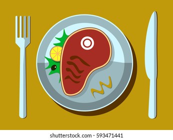 Steak on a white plate with fork and knife Vector Illustration