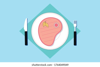 the steak is on a white plate, next to it is the fork and the knife,illustratin,cartoon,food.