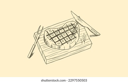 Steak on a wooden board hand drawn sketch vector illustration.