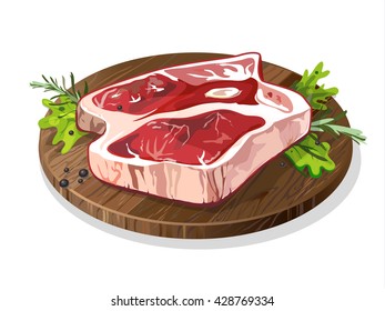 Steak On Wooden Plate Isolated On White. Raw Steak. Vector Illustration.