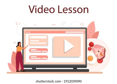 Steak online service or platform. People cooking tasty grilled meat on the plate. Delicious barbecue beef. Video lesson. Isolated vector illustration