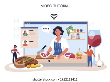 Steak online service or platform. People cooking tasty grilled meat on the plate. Delicious barbecue beef. Online video tutorial. Isolated vector illustration