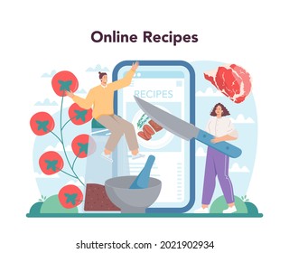 Steak online service or platform. People cooking tasty grilled meat on the plate. Delicious barbecue roasted beef. Online recipes. Flat vector illustration