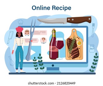 Steak online service or platform. People cutting beef and cooking tasty grilled meat with sauces and seasonings. Delicious barbecue. Online recipe. Vector illustration