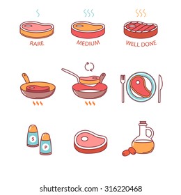 Steak pan frying and cooking icons thin line set. Rare, medium and well done, oil. salt and pepper, meat on the plate. Flat style color vector symbols isolated on white.