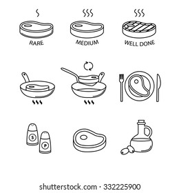 Steak pan frying and cooking icons thin line art set. Rare, medium and well done, oil. salt and pepper, meat on the plate. Black vector symbols isolated on white.