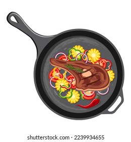 Steak pan. There is a piece of fried meat with vegetables and herbs on the plate. Asado. Latin American cuisine, Argentine national cuisine. Latin American cuisine.