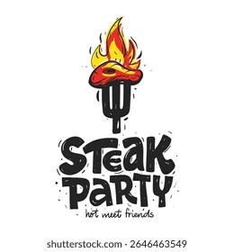 Steak Party. Invitation, poster, logo, sign with for BBQ food weekend. Vector Illustration fork with a piece of meat on the fire.