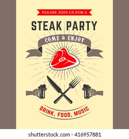 Steak Party Vector Invitation Card. Template For Invitation Card Or Flyer.