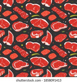 Steak pattern, various beef cuts, realistic raw meat illustration, black background for butchery shop or steakhouse. 