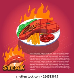 steak plate with fire background. typographic desgin. hot steak - vector illustration