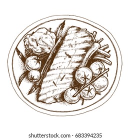 Steak Plate Vector Illustration Hand Drawing