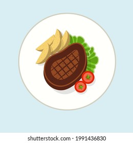 Steak with potatoes, green lettuce and tomatoes, illustration concept.