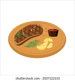 Steak with potatoes on a wooden plate. A slice of fried meat. Delicious roasted meat. Vector cartoon illustration. Vector illustration of grilled beef steak .